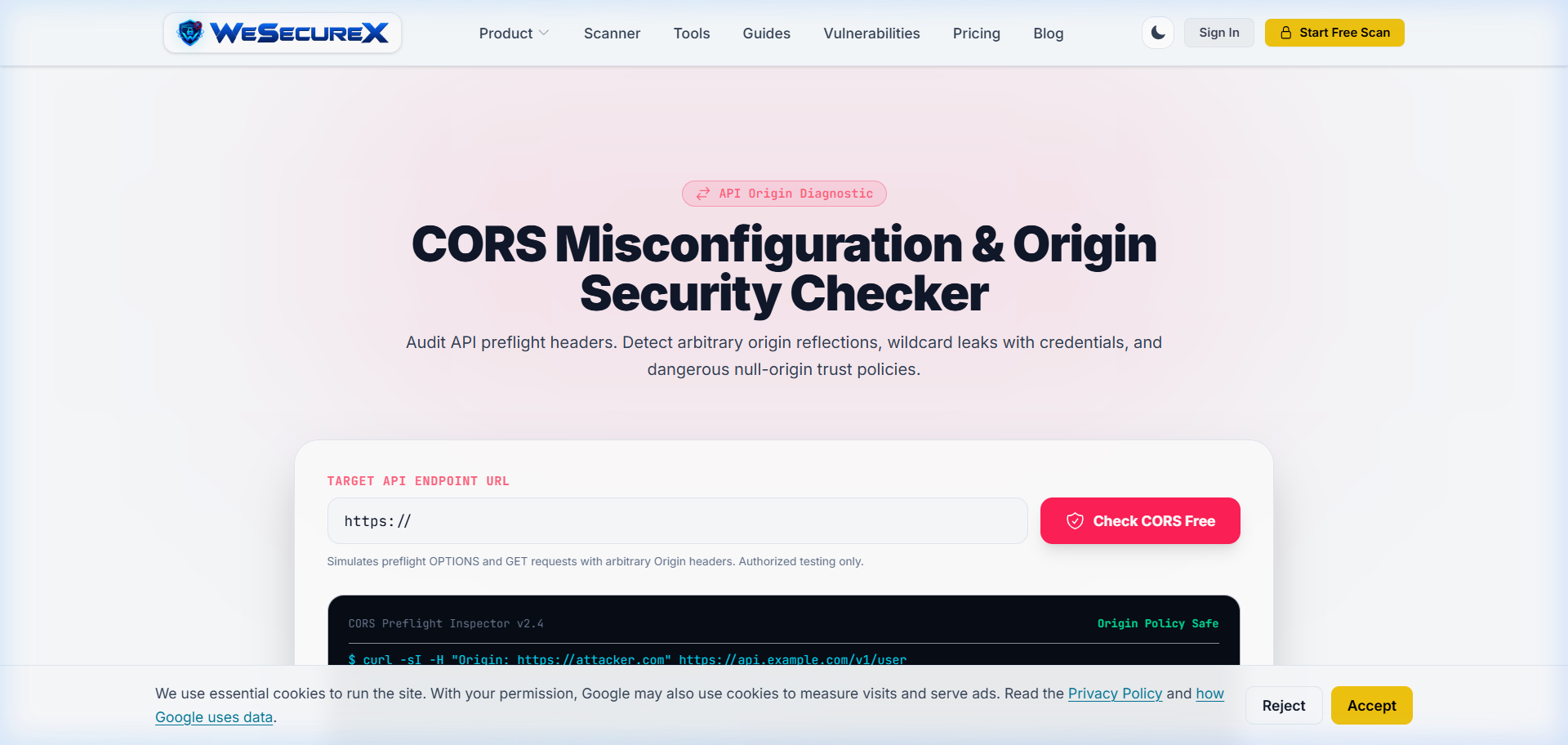 WeSecureX Free Online CORS Checker analyzing cross-origin headers and policies