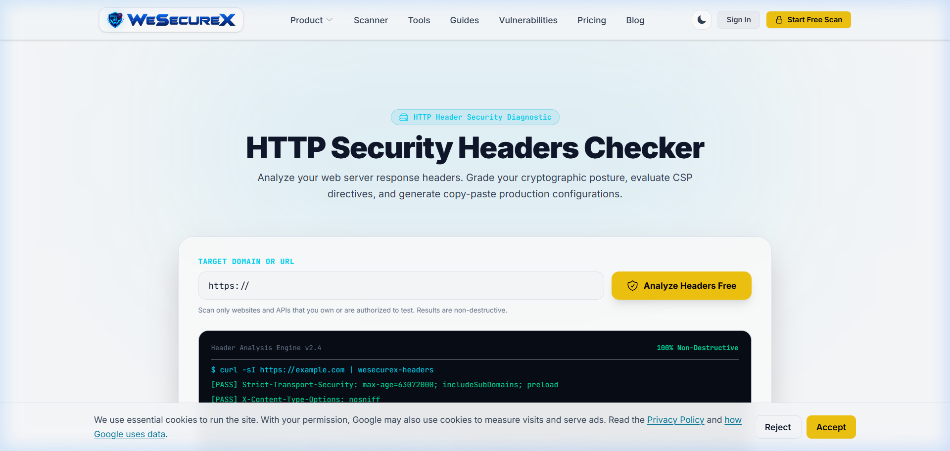 WeSecureX Security Headers Checker auditing cookie flags and transport security
