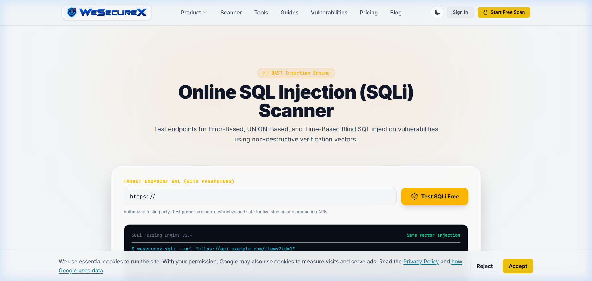 WeSecureX SQL Injection Scanner fuzzing database query parameters