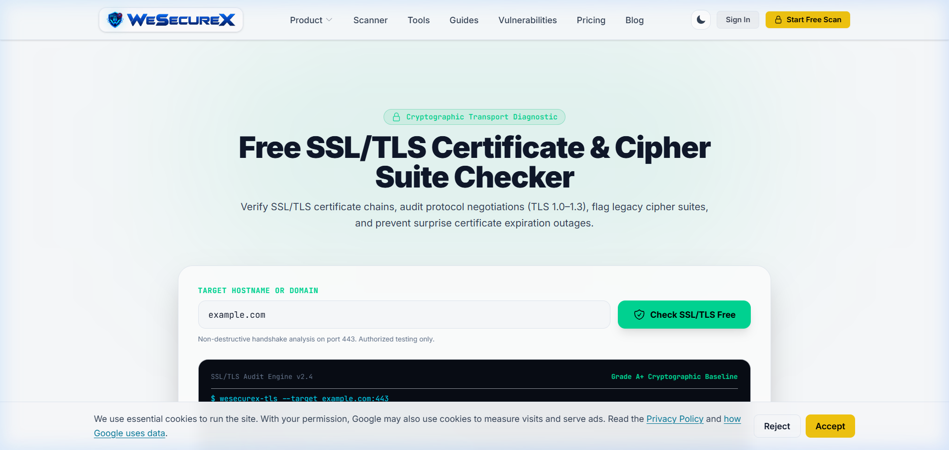 WeSecureX SSL Checker validating TLS encryption and certificate chains