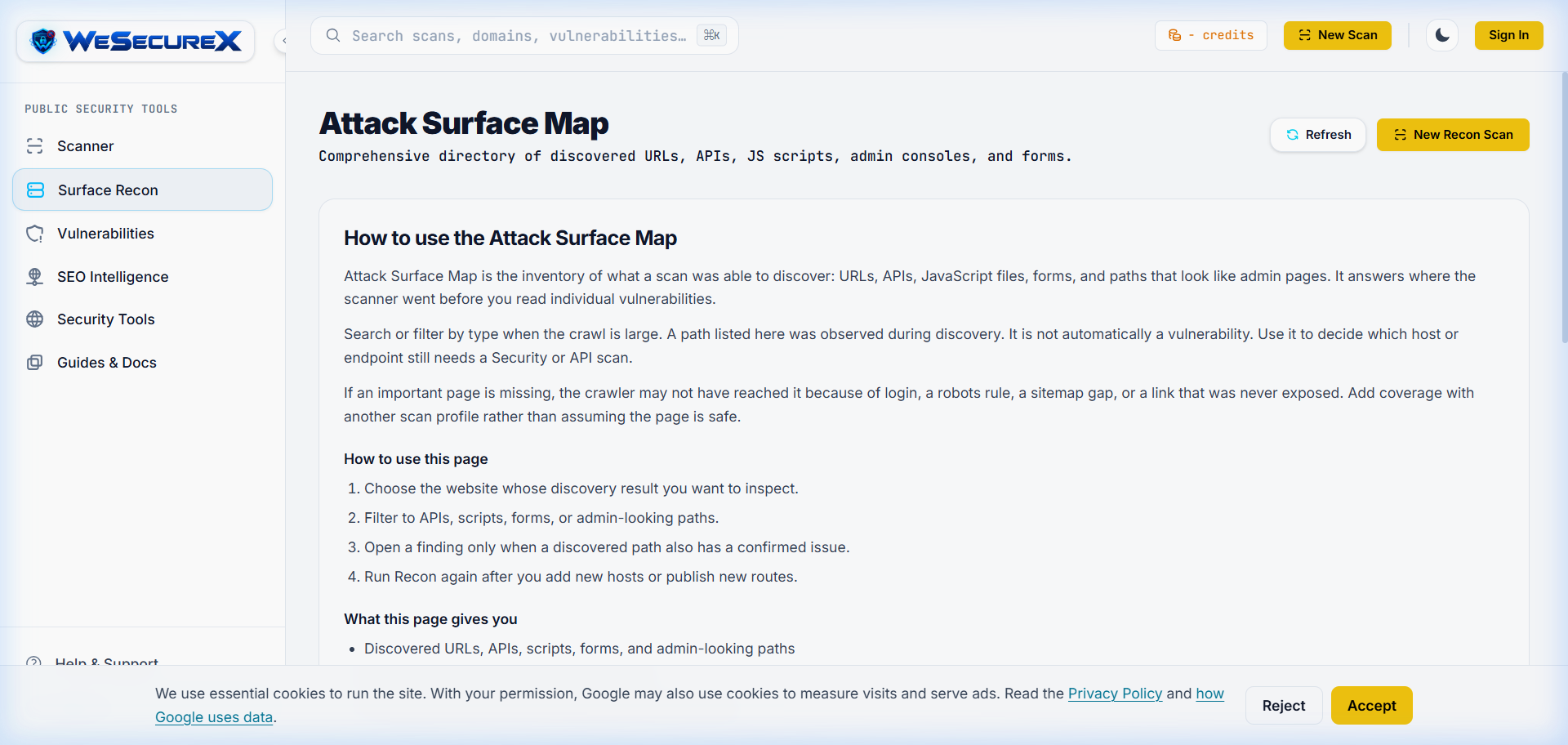 WeSecureX Surface Recon Engine mapping API endpoints and preflight configurations