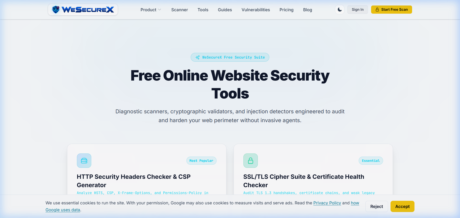 WeSecureX Free Tools Directory showing SEO and diagnostic utilities