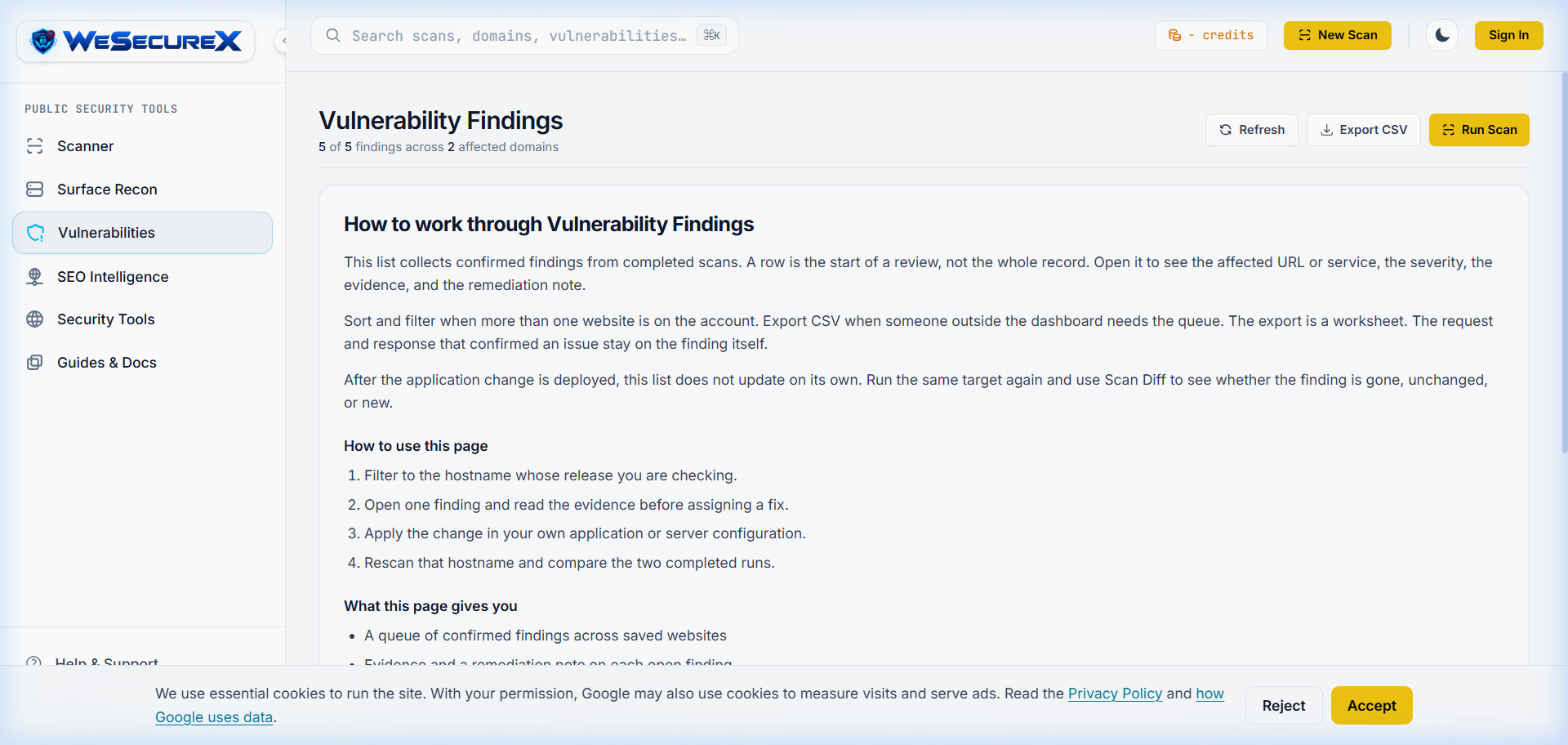 WeSecureX Vulnerabilities Catalog detailing API security weaknesses and remediation guidance