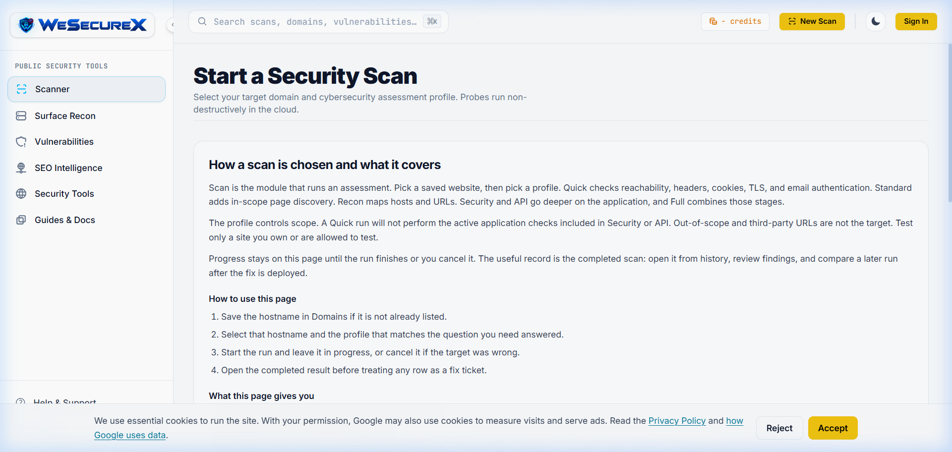 WeSecureX Website Scanner auditing CORS response headers and origins
